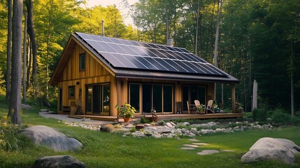 Wooden Cottage With Solar Panels, Forest Setting, Rustic, Eco-conscious, Energy-saving, Sustainable, Solar Photography