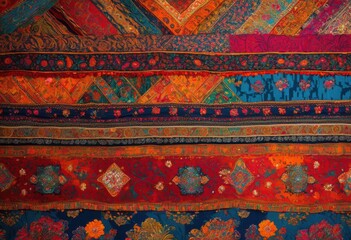 close view unique vibrant fabric patterns showcasing intricate textures rich colors, artwork, textile, weaving, design, stitching, thread, loom, material