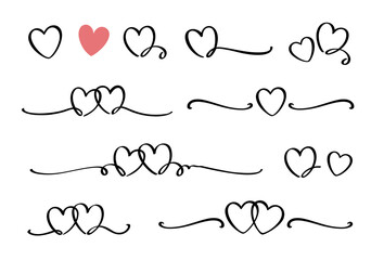 Heart linear set, line art and love symbols