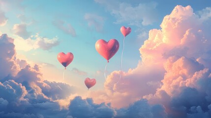 Fototapeta premium A dreamy sky with floating heart-shaped balloons drifting through soft clouds during a Valentine's Day celebration.