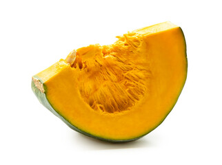 Side view of fresh green japanese pumpkin slice or piece isolated on white background with clipping path