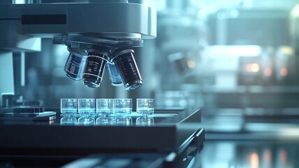 Lab microscope examining samples in a modern research facility during evening hours