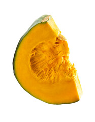 Top view of fresh green japanese pumpkin slice or piece isolated on white background with clipping path