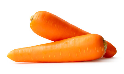 Side view of fresh orange carrot roots in stack isolated on white background with clipping path