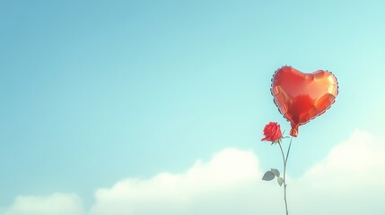 Fototapeta premium A minimalistic image of a heart-shaped balloon and a rose with plenty of blank space to overlay a Valentine's greeting or logo.
