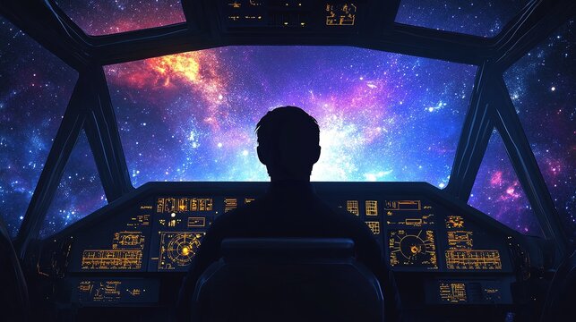  Pilots flying spaceship through starry galaxy at night.