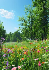 A vibrant meadow filled with colorful wildflowers surrounded by lush green trees and a clear blue sky above