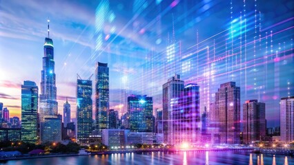 Fototapeta premium Urban Skyline with Digital Overlay at Dusk