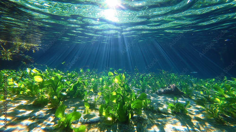 Poster underwater view of sunlight filtering through seaweed