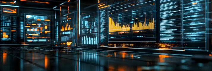 3D Illustration - Data Analysis and Code on Futuristic Screens