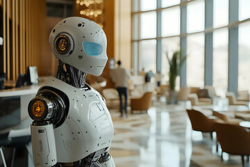 3D Illustration Robot in Modern Hotel Lobby