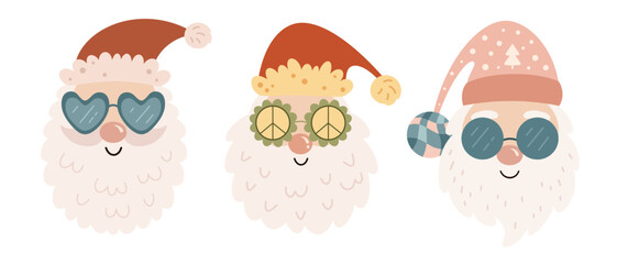 Retro groovy Santa Claus clipart. Cute Christmas character. Hand draw vector illustration in flat style