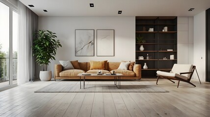 Fototapeta premium Bright living room interior with white empty wall.