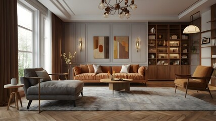 Fototapeta premium Modern vintage interior of living room - 3D Rendering.