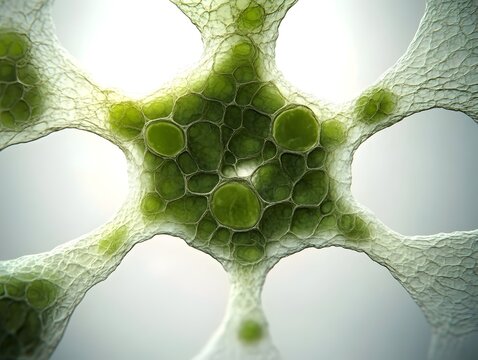 Closeup photomicrograph of Chlamydomonas reinhardtii a model algae species used in biofuel research showcasing the intricate cellular structures vibrant green chloroplasts and delicate flagella