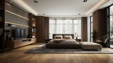 Fototapeta premium modern living room with bed, bedroom ideas, beautiful comfy bed, interior design.