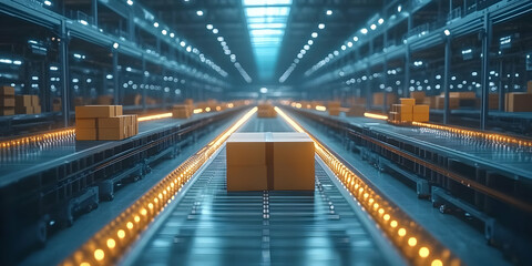 Fototapeta premium 3D Warehouse Automation Cardboard Boxes Conveyor Belt Illustration