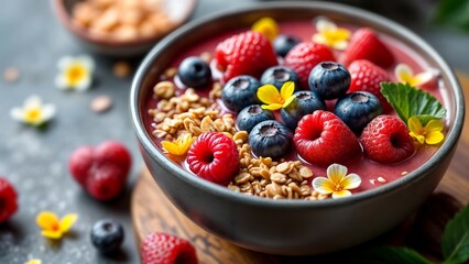 Vibrant smoothie bowl with fresh berries, granola, and edible flowers