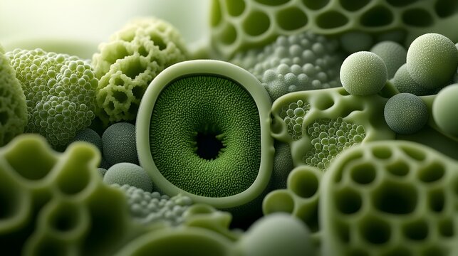 Captivating Microscopic World of Desmid Green Algae Intricate Geometric Patterns Iridescent Chloroplasts and Cyanobacteria Bioreactor in a Clean Room Setting