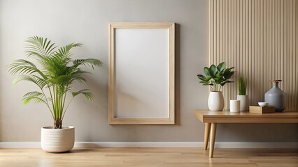 Blank empty picture frame mockup on white wall.