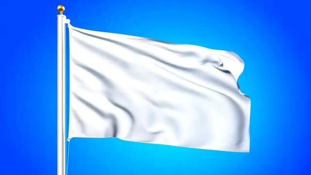 White flag waving in the wind against a bright blue background