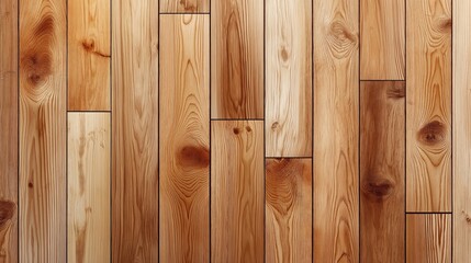 Naklejka premium Close-up view of natural wooden planks with visible wood grain and knots, showcasing a variety of warm brown tones and textures in a vertical arrangement.