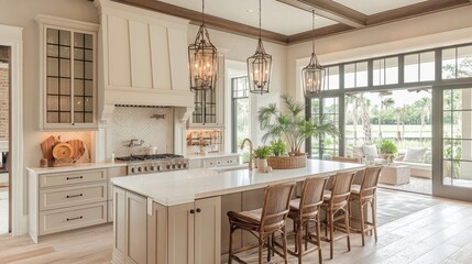 Fototapeta premium Kitchen with Island, White Cabinets, and Wicker Stools