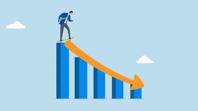 Prepare for economic downfall, 4k animation of Considerate businessman with skateboard getting ready to race down a financial chart.