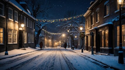 Obraz premium A charming city street in an old-fashioned style during winter, with snow-covered buildings and a cozy, nostalgic winter atmosphere