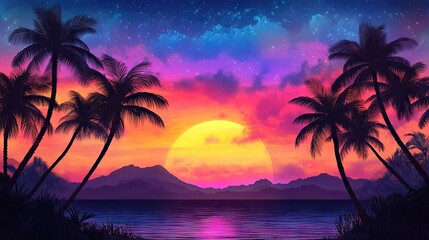 A breathtaking sunset with vibrant hues of pink, orange, and purple, silhouetting palm trees and reflecting over a calm ocean, blending nature's beauty and serenity.
