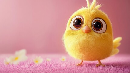 A cute, fluffy yellow chick with big eyes stands on a pink surface with white flowers.