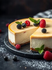 Delicious Cheesecake Topped with Vibrant Red Strawberries and berries