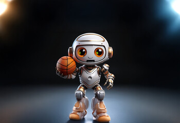 A small, white robot with orange accents stands on a dark stage, holding a basketball and facing the viewer. Two spotlights illuminate the robot from either side.