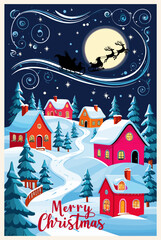 Obraz premium Merry Christmas card with a reindeer flying over a snowy village. The houses are decorated with lights, the snow is piled up on the roofs. The image has a festive and joyful mood. Vector illustration