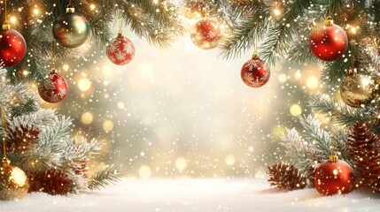 An empty space for advertising, bordered by detailed Christmas tree branches, vibrant red and green New Year's balls, and twinkling fairy lights, all under a soft snowfall.