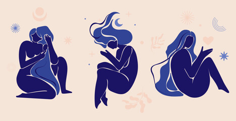 Abstract Contemporary woman silhouette set . Blue color woman figures. Nude female body silhouette with abstract shapes.Beauty,love yourself, body care concept. Abstract wall art,posters.Vector design
