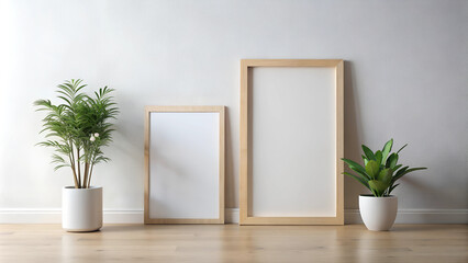 Blank empty picture frame mockup on white wall.