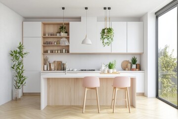 Fototapeta premium Modern Kitchen with White Cabinets, Wooden Island, and Pink Stools