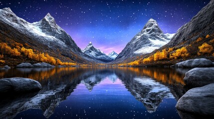 Majestic Mountain Peaks Reflected in Tranquil Lake Under a Starry Sky
