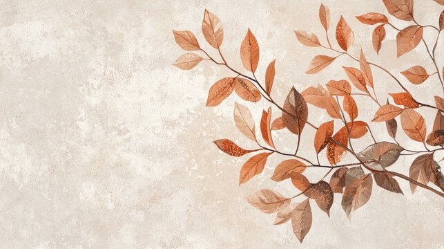 A delicate branch with muted brown and orange leaves set against a textured beige background, evoking a soft autumnal feel. AI generative.