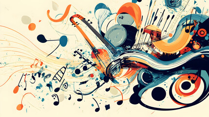 Naklejka premium Abstract musical instruments and notes in a vibrant, colorful design.