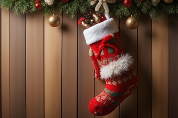 Obraz premium Festive Christmas Stocking Hanging on Wooden Wall with Ornaments