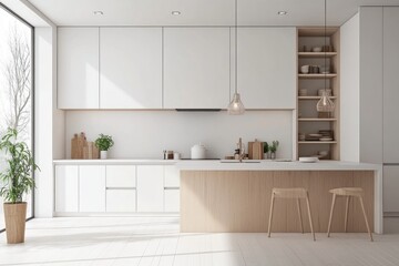 Modern Kitchen Interior with White Cabinets, Wooden Island, and Natural Light