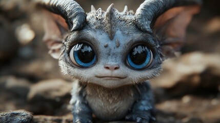 Obraz premium A cute, furry, blue-eyed, grey monster with horns and big ears sits on the ground looking at the camera.