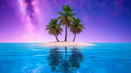Tropical Island Paradise with Palm Trees and Milky Way Night Sky