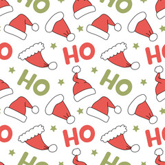 Endless Christmas background with Santa Claus hats and Ho Ho lettering. Seamless pattern