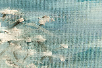 Acrylic color background depicting a winter snow scene, with soft, blended whites and blues...