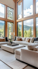 Elegant Contemporary Living Room with Plush Velvet Sofa, Natural Wood Elements, and Large Panoramic Windows for Abundant Daylight