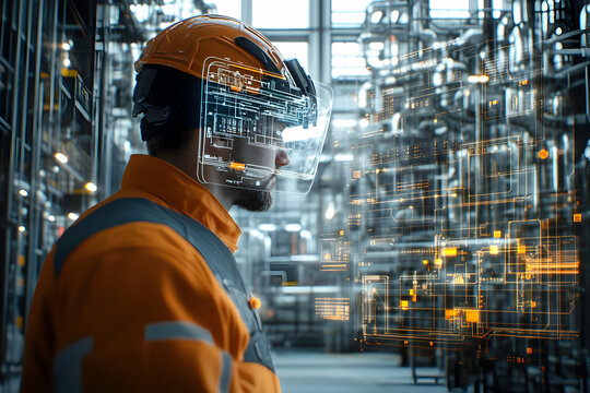 Illustration of Industrial Engineer Using Futuristic AR Headset in Factory Setting