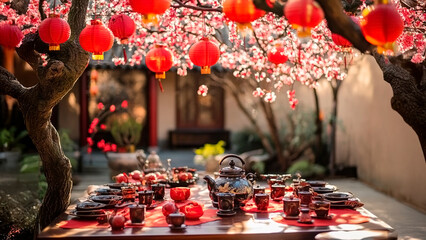 Authentic Japanese tea table adorned with red ornaments, ideal for celebrating cultural tea traditions